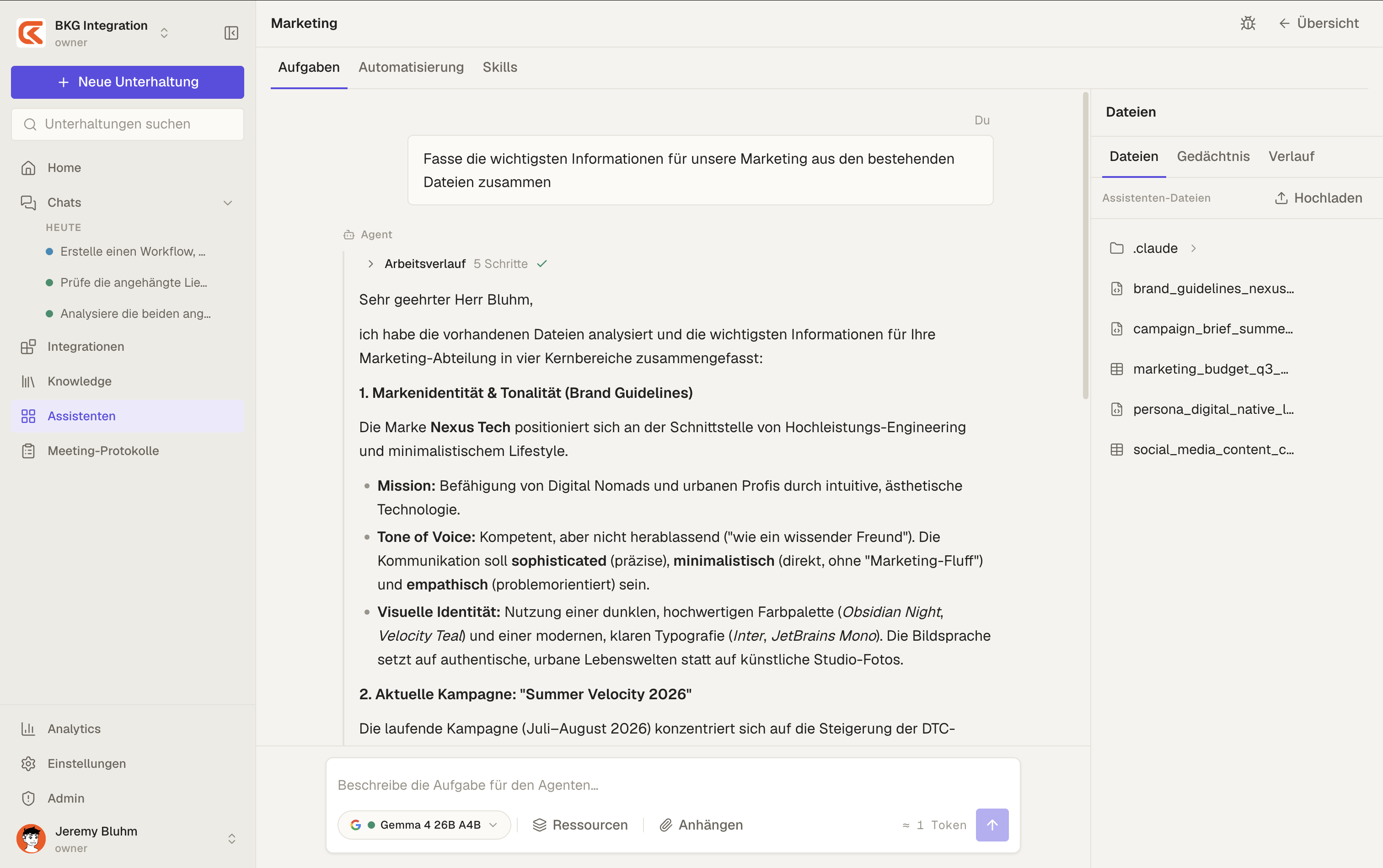 Agentenlauf mit Aufgabe, erzeugtem Ergebnis und Dateien im Workspace