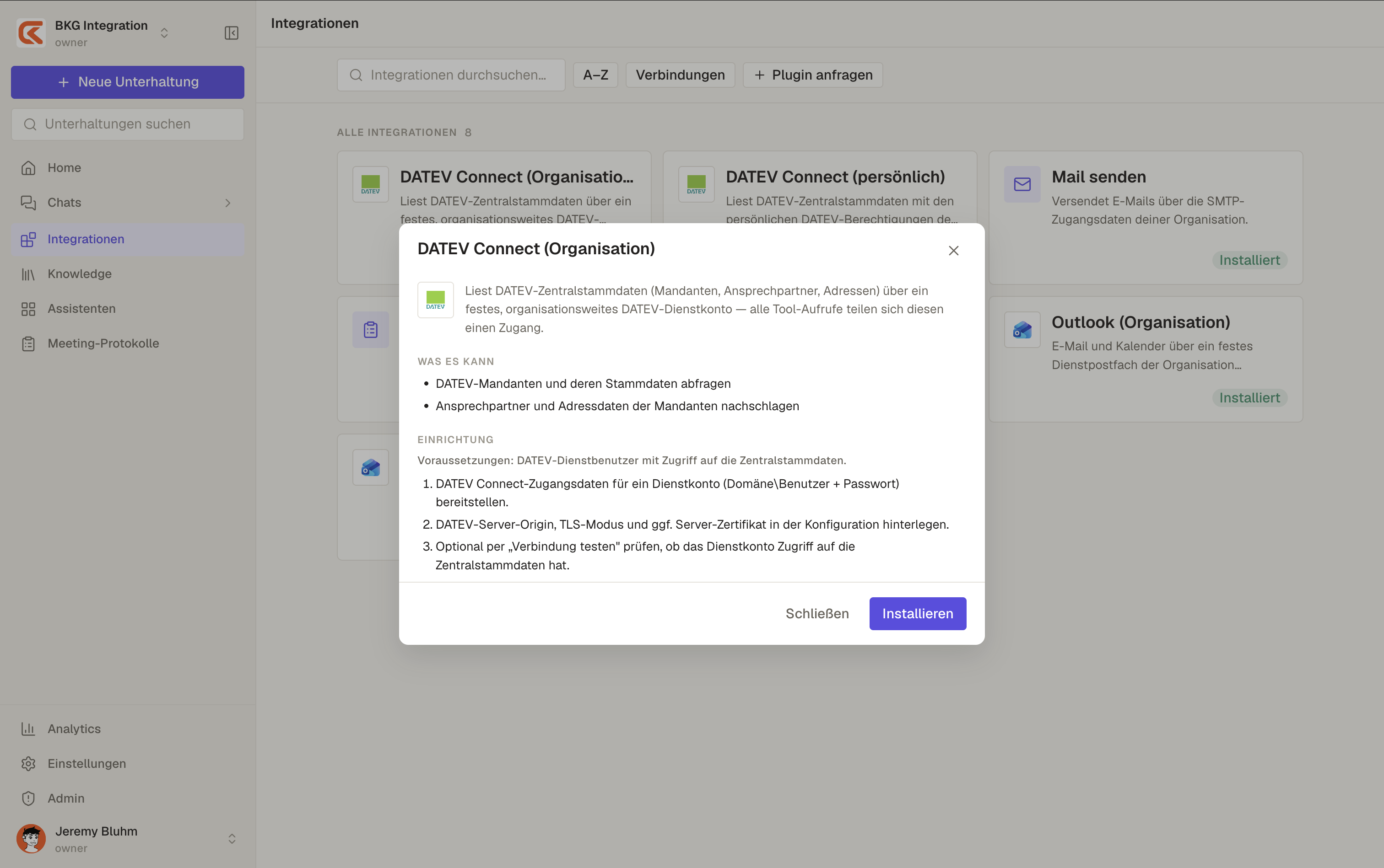 DATEV-Integrationskonfiguration in der AI Zentrale mit DMS- und Rechnungswesen-Werkzeugen