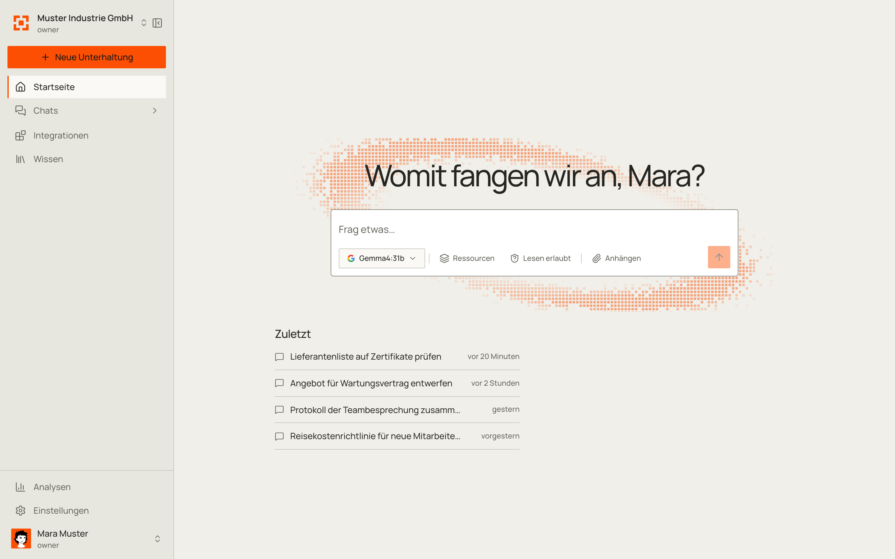 Startseite der AI Zentrale mit Eingabefeld, freigegebenem Modell, Ressourcen und den zuletzt genutzten Chats