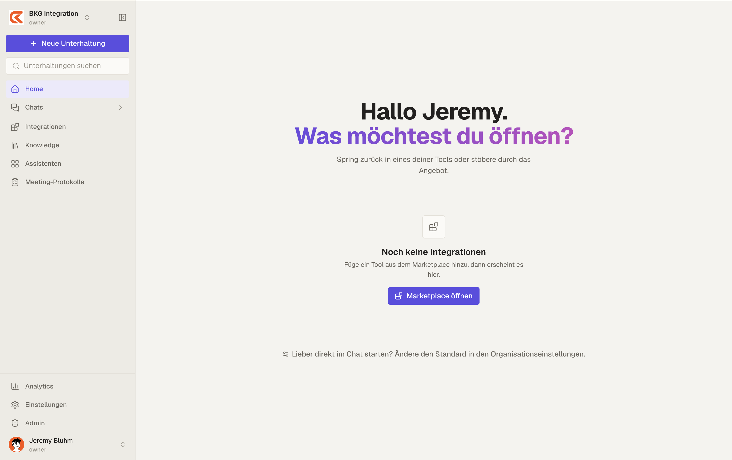 Startseite ohne eingerichtete Integrationen mit direktem Weg zum Marketplace
