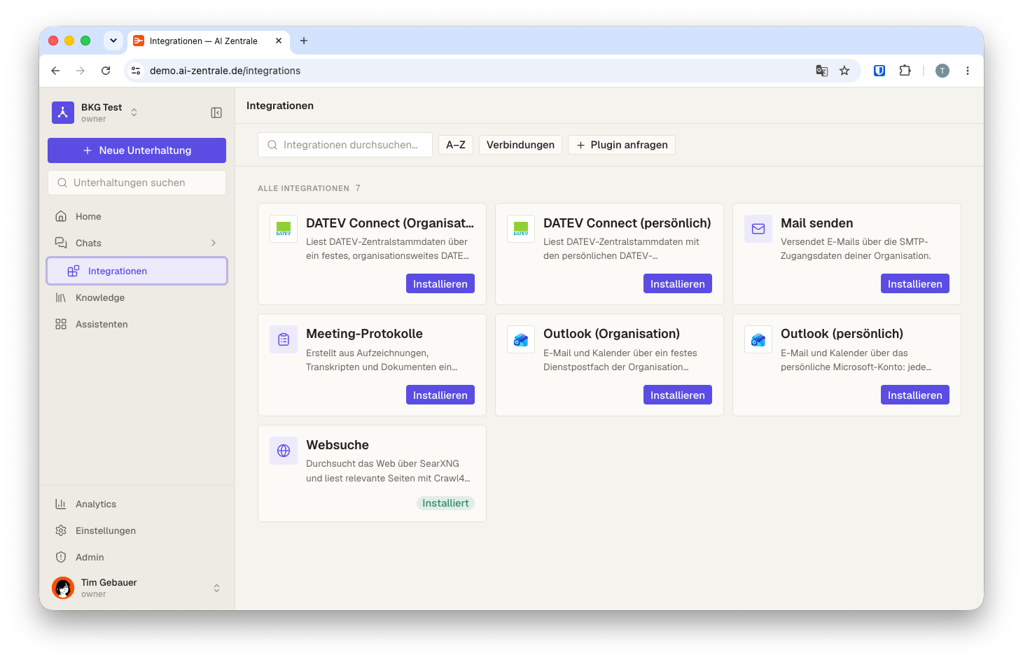 Integrations-Marketplace der AI Zentrale mit DATEV connect für lokale DATEV-Installationen
